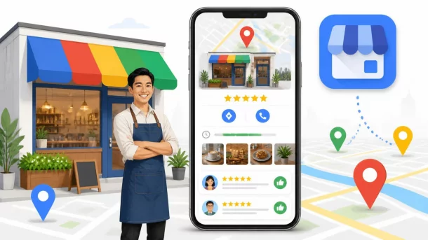 Commerçant devant sa boutique à côté d'un smartphone affichant une fiche Google Business Profile