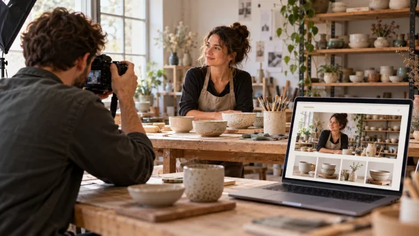 Photographe réalisant le portrait d’une artisane dans son atelier, avec son site web affiché sur un ordinateur.
