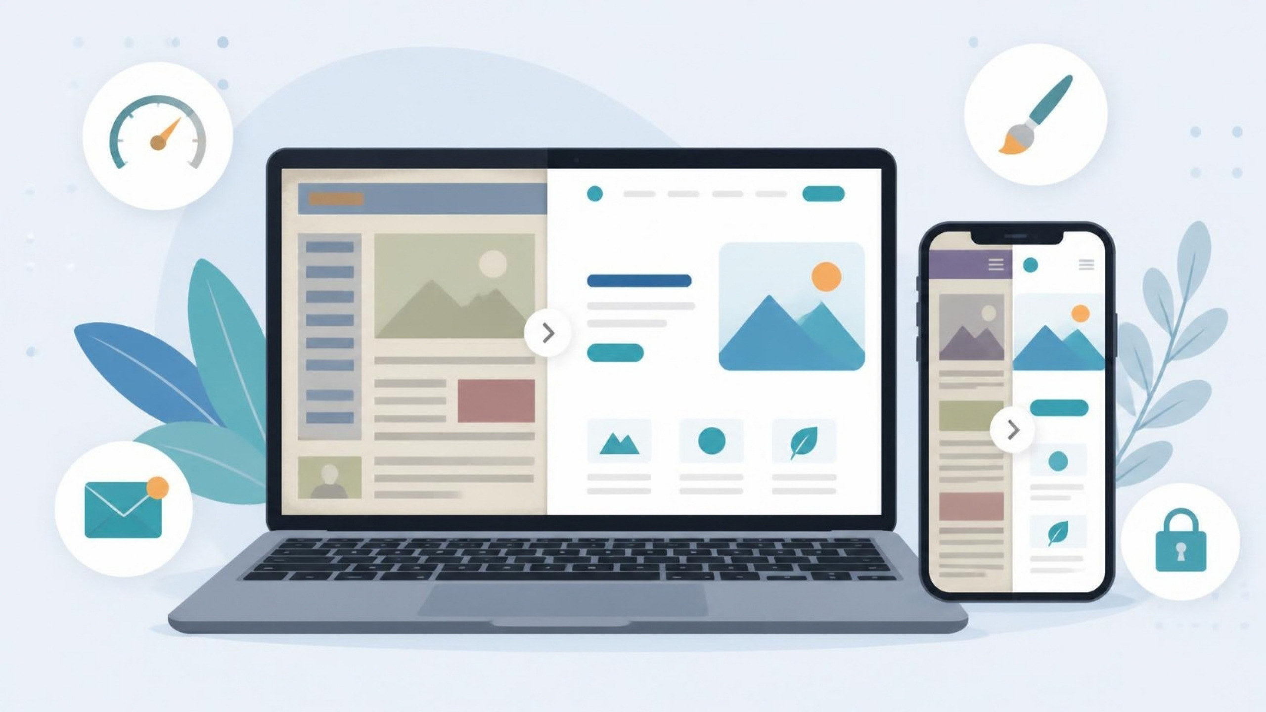 Illustration d'un ordinateur portable et d'un smartphone affichant un site web moderne et responsive